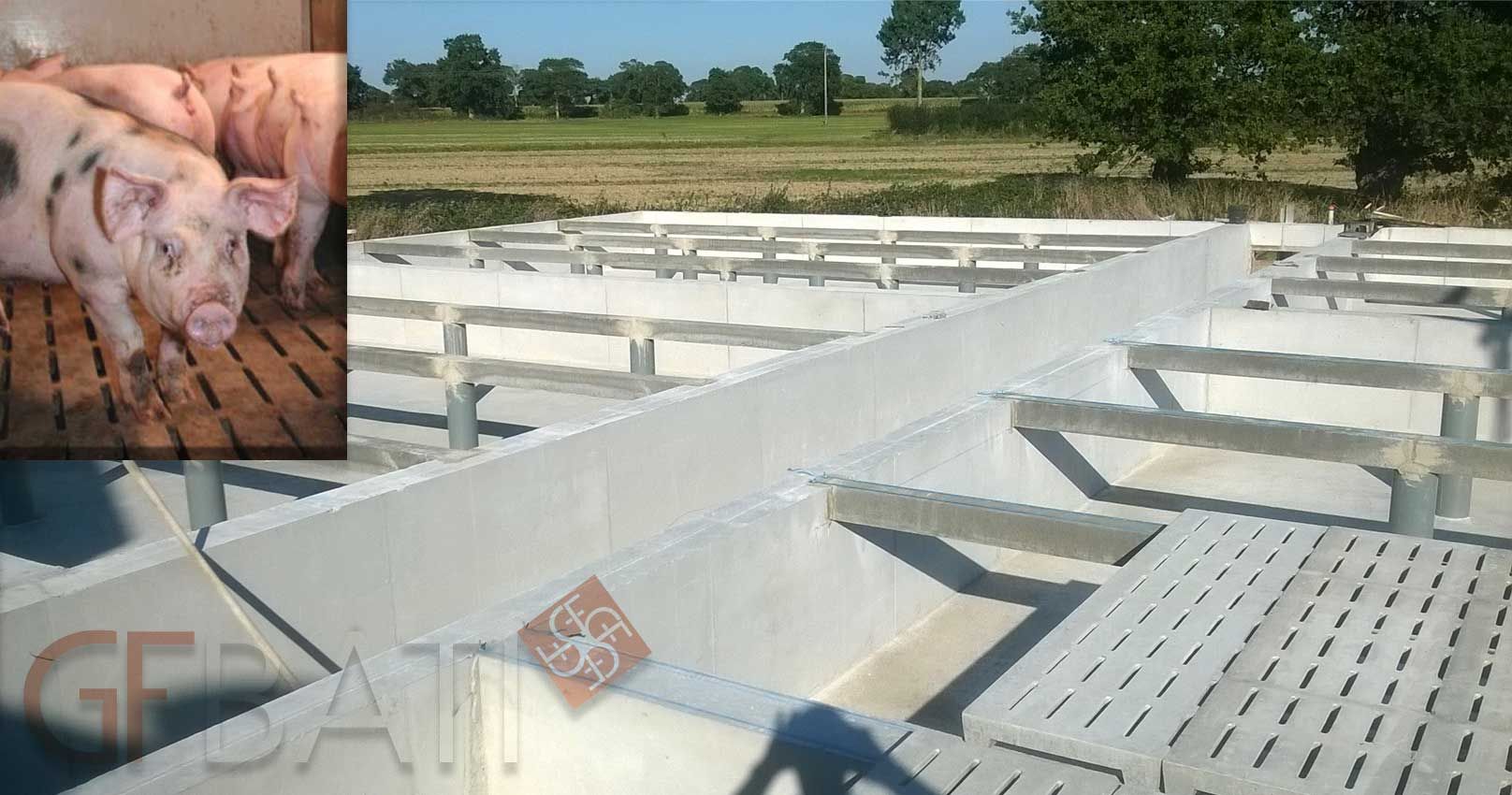 Vue de la construction d'une porcherie sur caillebotis